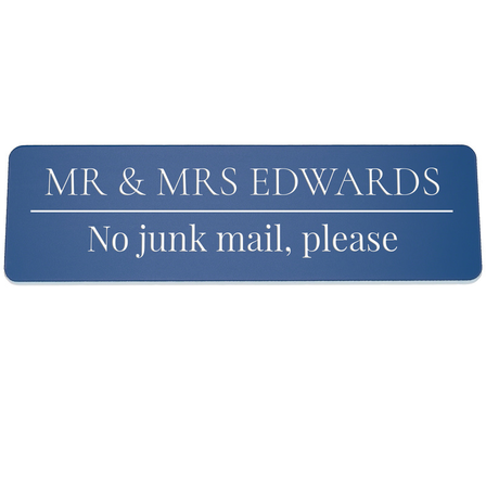Blue personalised letterbox sign no junk mail
