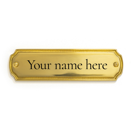 Brass name plate in polished brass, 154 × 43 mm, shown with the example text “The Williams Ashbury Street”.
