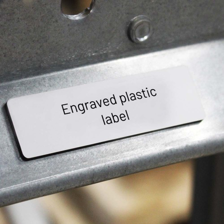Labels And Plates, Rounded Corners White Engraved Plastic. Fixing Method: Adhesive Tape