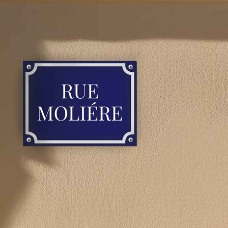 Plaque de rue en aluminium bleu avec texte Molière de couleur blanche