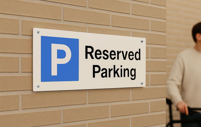 Reserved parking sign in aluminium, 450 × 150 mm, shown with the example text “Reserved Parking”.
