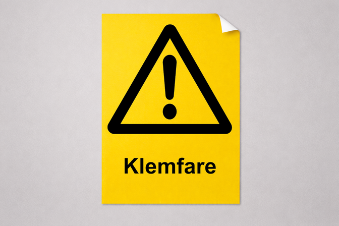 Klemfare skilt i selvheftende vinyl, 210 × 297 mm, gul advarselsskilt