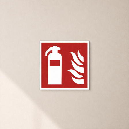 Rødt klistremerke med hvitt symbol for brannslukker, 200 × 200 mm.