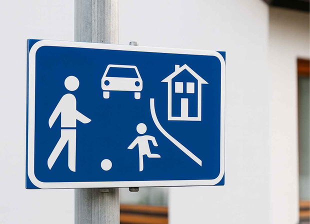 Spielstraßenschild auf einem Pfosten