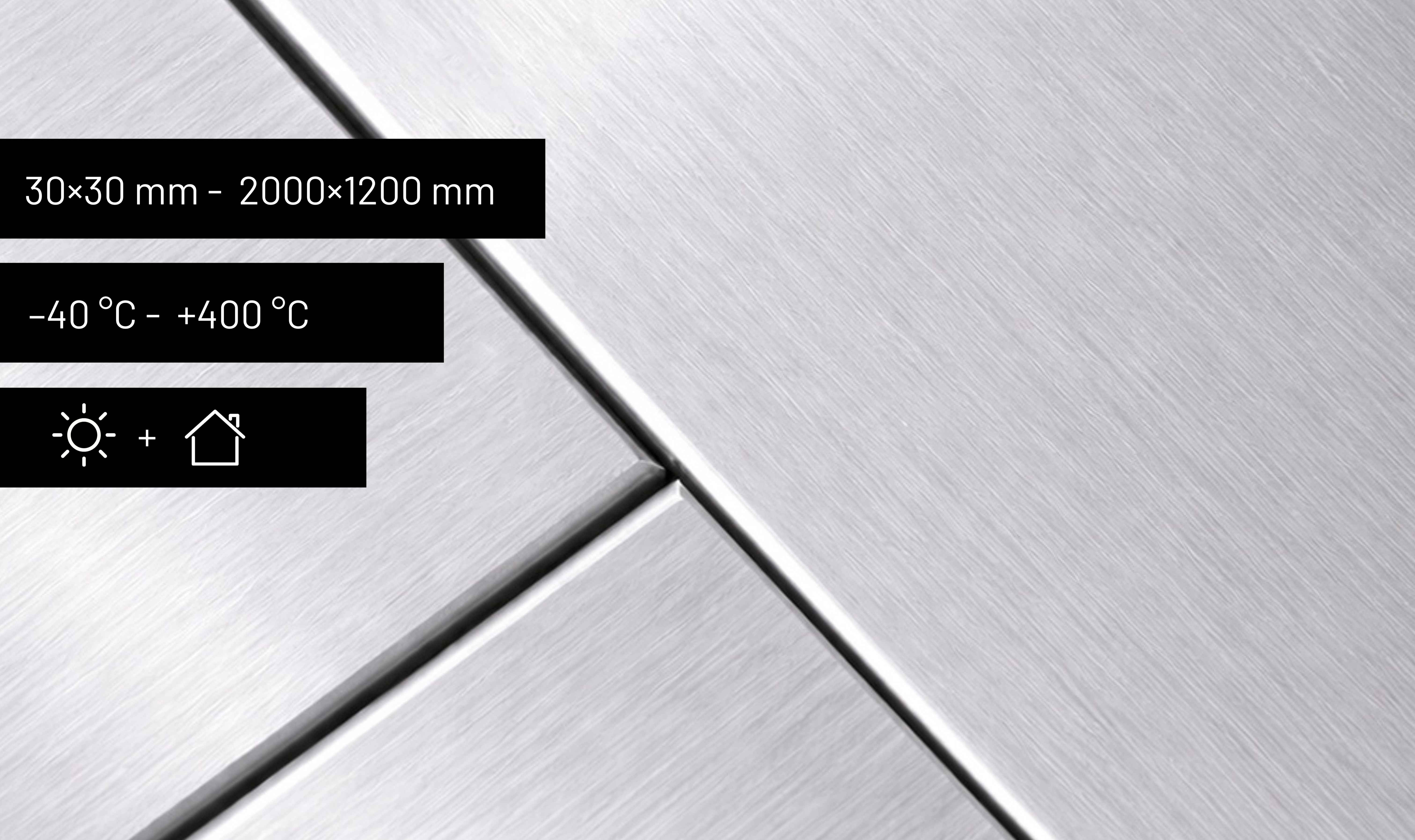 Aluminiumskylt med produktinformation som visar material, hållbarhet och användningsområde