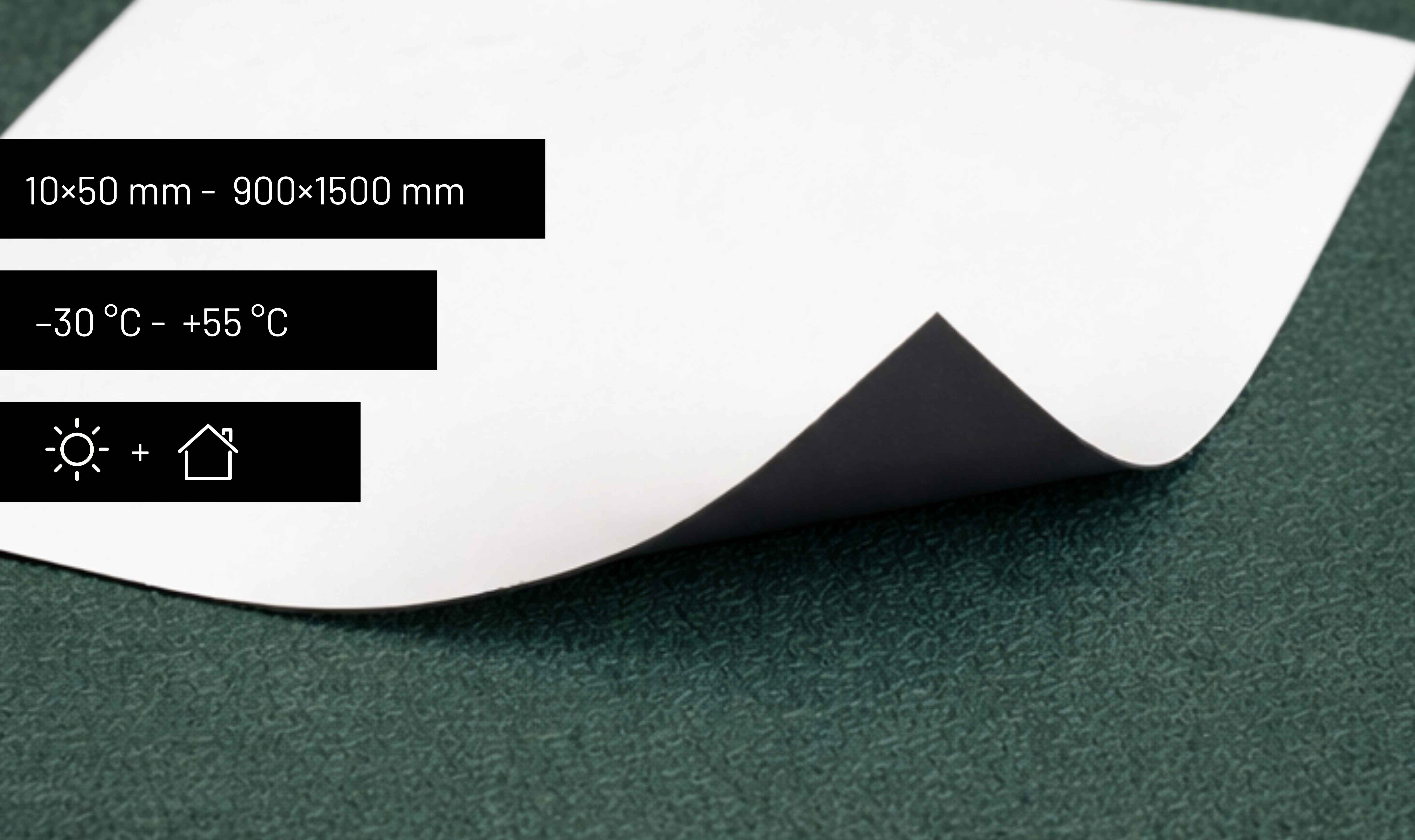 Magnetschild mit Produktinformationen zu Material, Haltbarkeit und Anwendungsbereich