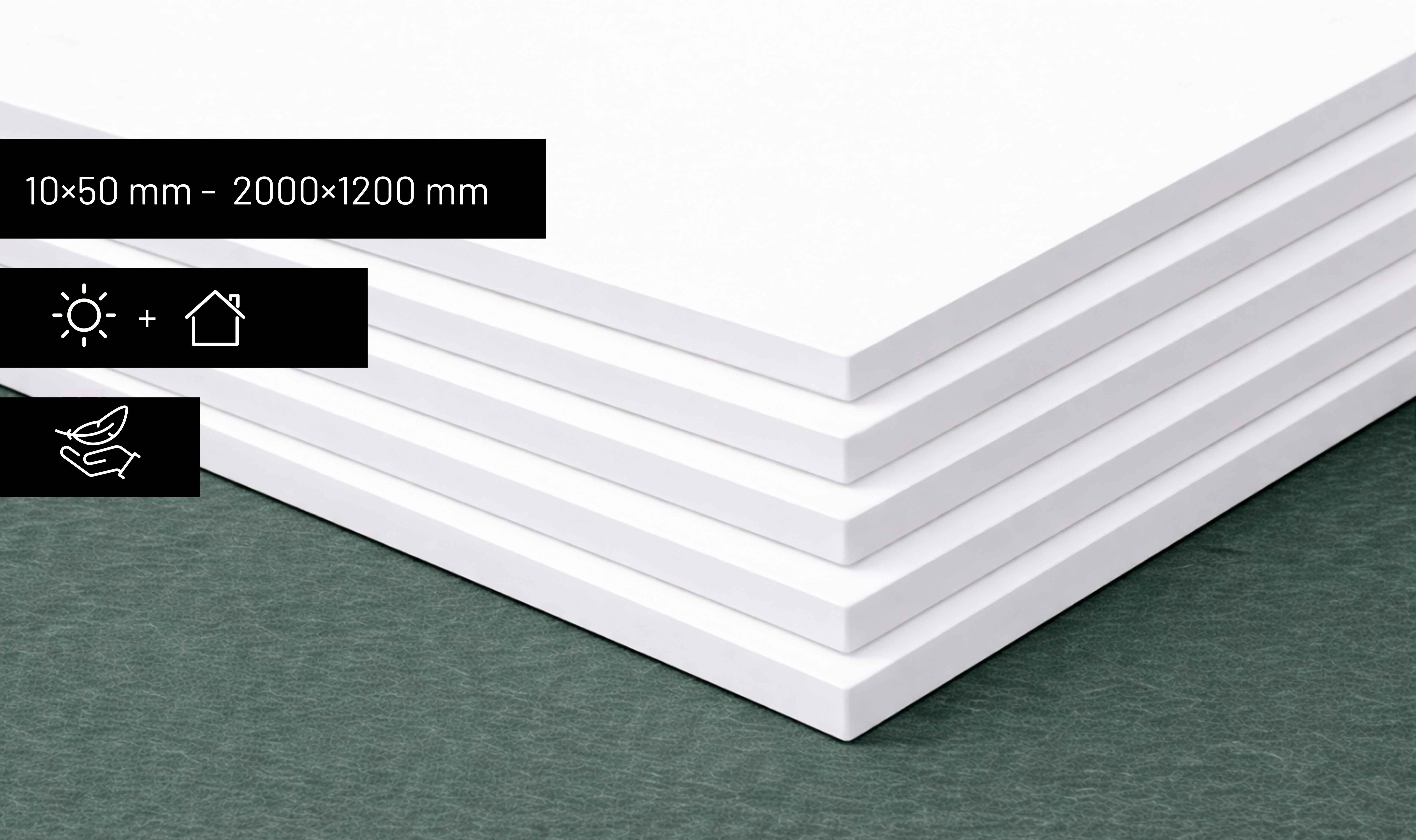 PET-schilder mit Produktinformationen zu Material, Haltbarkeit und Anwendungsbereich