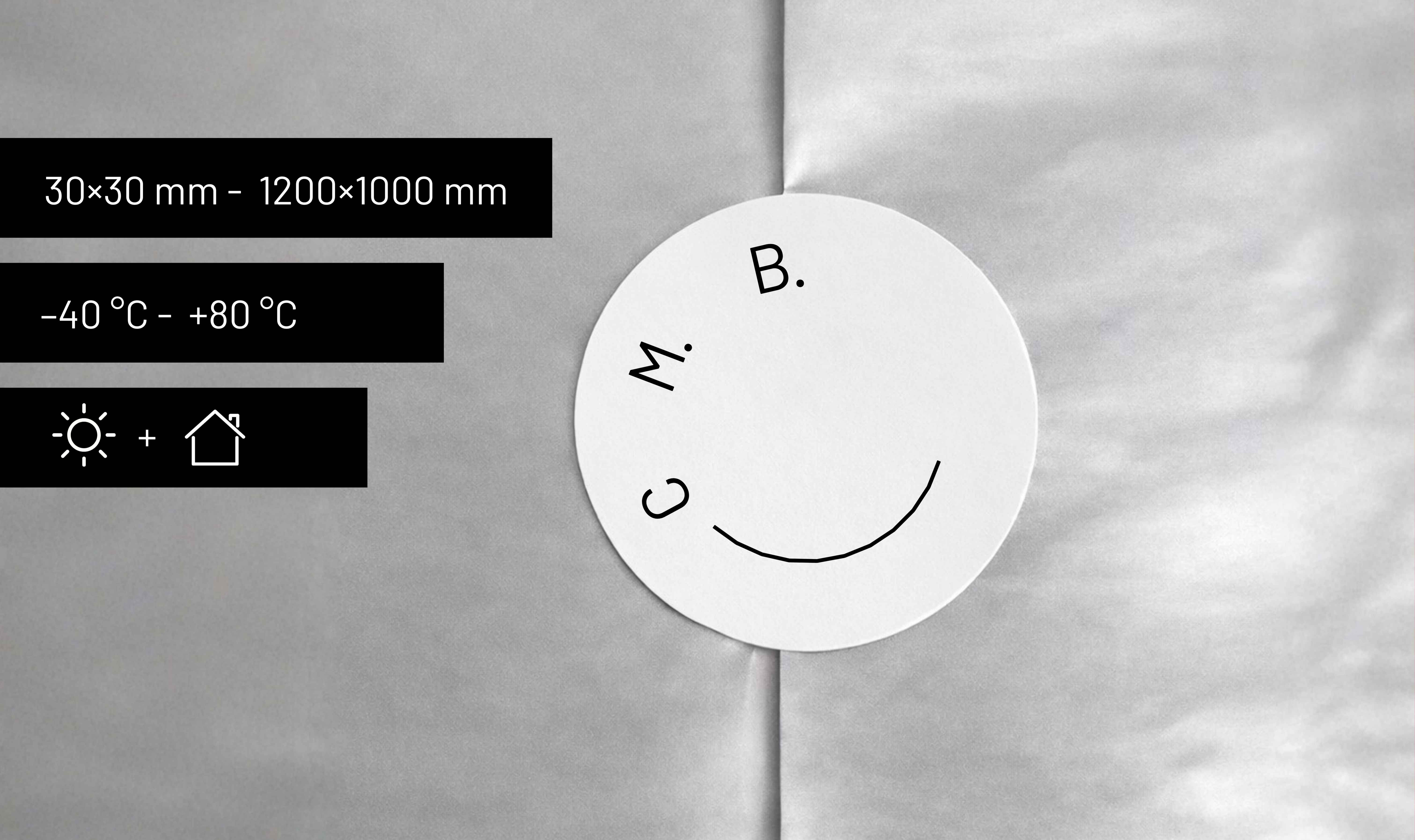 Decal with product information showing material, durability and area of use