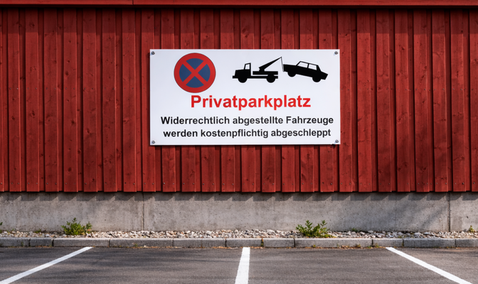 Parkplatzschild an Holzfassade verschraubt