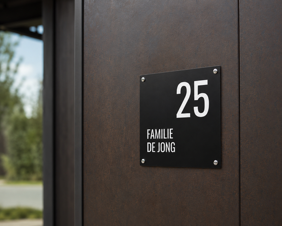 Zwart naambordje met tekst en huisnummer