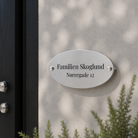 Oval aluminiumsskilt med teksten “Familien Skoglund, Nørregade 12”, monteret med vægafstandsstykker på en lys facade i naturligt dagslys.
