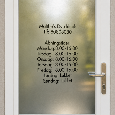 Frostet glasdør med sort vinyltekst til Malthes Dyreklinik, med telefonnummer og åbningstider, fotograferet lige forfra i naturligt dagslys.