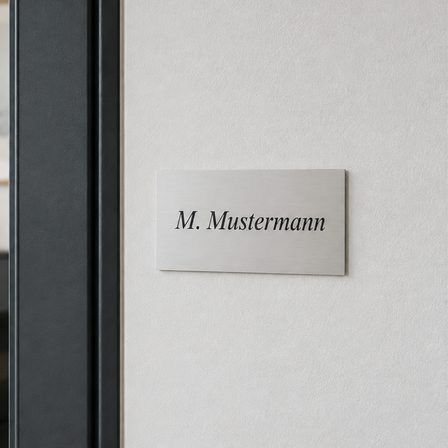 Bedrucktes Aluminiumschild mit dem Namen „M. Mustermann“, angebracht neben einer Bürotür in einem modernen Büro.
