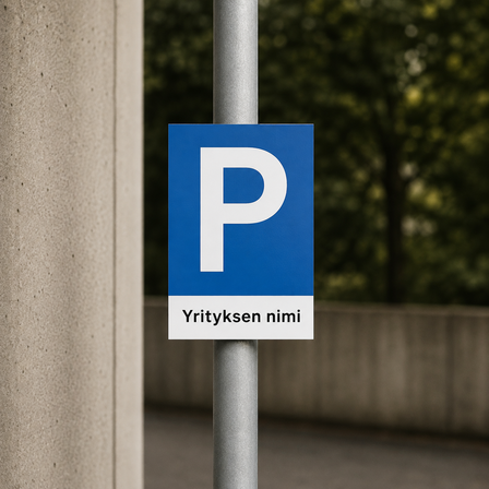 Painettu alumiininen pysäköintikyltti, jossa on valkoinen P-tunnus ja teksti ”Yrityksen nimi”, kiinnitettynä metallipylvääseen ulkona.