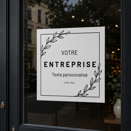 Autocollant vinyle blanc brillant avec le texte « Votre Entreprise », appliqué sur la vitrine sombre d’un magasin.