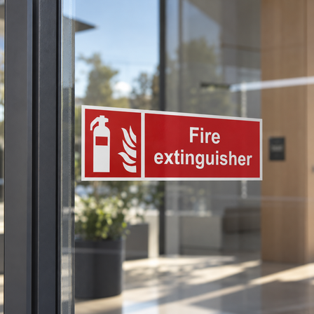 Fire extinguisher safety sign as a vinyl decal on a glass door at a bright office entrance