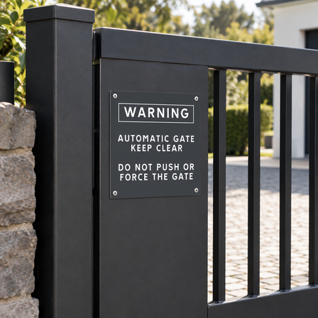 Engraved plastic warning sign for an automatic gate mounted on a black metal driveway gate
