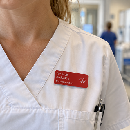 Red engraved plastic name badge pinned to a nurse's white uniform in a hospital ward