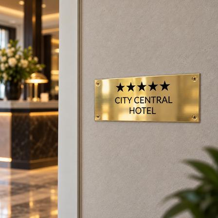 Polished brass hotel sign with printed five stars mounted on a wall in an elegant hotel lobby