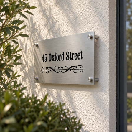 Brushed aluminium house sign reading 45 Oxford Street mounted with wall standoffs on a rendered house facade