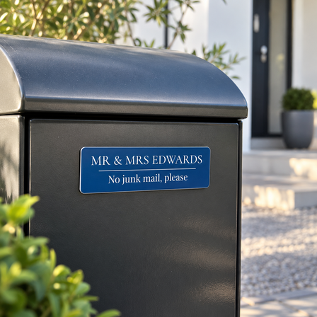 Engraved plastic letterbox sign mounted on a dark grey letterbox outside a modern home