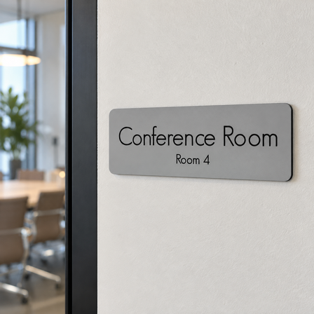 Grey engraved plastic meeting room sign mounted on an office wall next to a conference room