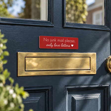 Red engraved plastic no junk mail sign above the letterbox on a front door