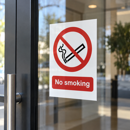 No smoking vinyl sticker on the glass door of an office entrance