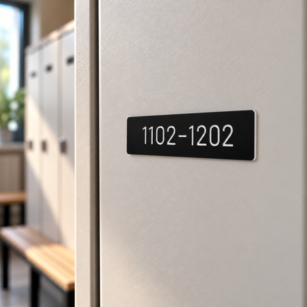 Black engraved plastic number sign on a locker door in a changing room