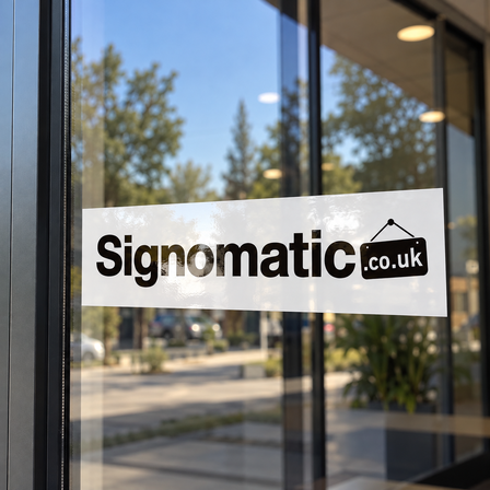 Glossy vinyl sign decal on the glass door of a shop entrance