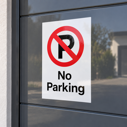 No Parking vinyl sticker applied to a grey garage door