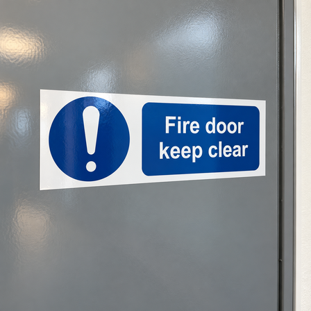 Fire door keep clear safety sticker on a grey fire door