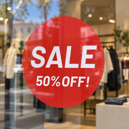 Red Sale 50% off vinyl sticker on a clothing shop window