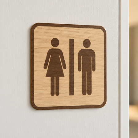 Wooden unisex toilet sign mounted on a white interior door