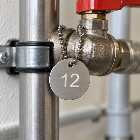 Round stainless steel valve tag on a ball chain attached to a pipe valve