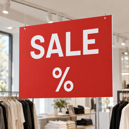 Red Eco Board sale sign hanging from the ceiling in a clothing store