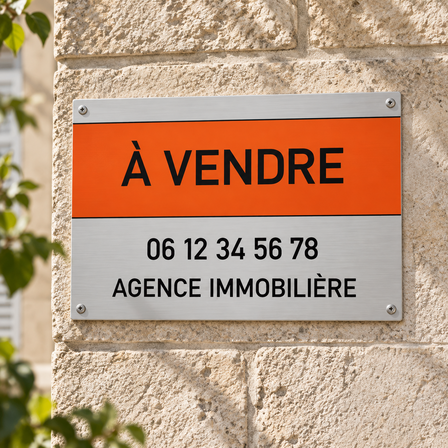 Panneau à vendre en aluminium vissé sur la façade en pierre d'une maison