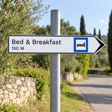 Panneau directionnel en aluminium Bed & Breakfast sur un poteau au bord d'une route de campagne