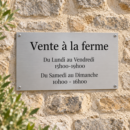 Panneau vente à la ferme en aluminium vissé sur un mur en pierre