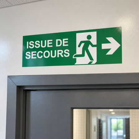 Autocollant issue de secours vert en vinyle au-dessus d'une porte dans un couloir