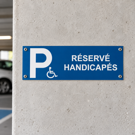 Panneau parking PMR en aluminium Réservé handicapés vissé sur un pilier en béton dans un parking