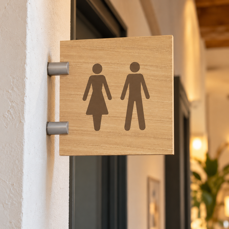 Panneau en drapeau en bois avec pictogramme toilettes dans le couloir d'un café