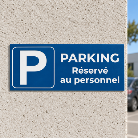 Panneau parking en plastique gravé bleu Réservé au personnel sur un mur extérieur