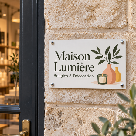 Panneau publicitaire en PVC imprimé 300 x 200 mm sur un mur en pierre à côté de l'entrée d'une boutique