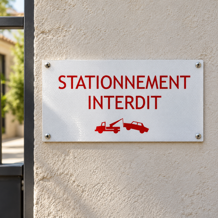 Panneau réfléchissant en aluminium Stationnement interdit sur un mur crépi près d'un portail