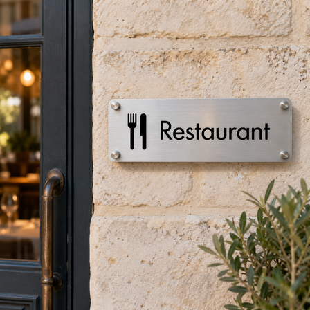 Plaque Restaurant en aluminium brossé sur entretoises murales à côté de l'entrée d'un bistrot