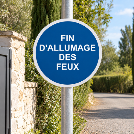 Panneau routier rond bleu « Fin d'allumage des feux » fixé sur un poteau au bord d'un chemin privé