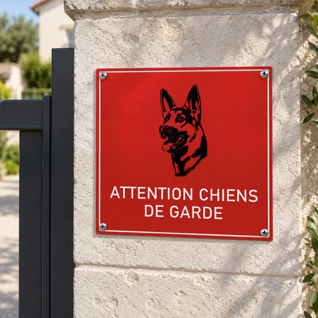 Plaque rouge en aluminium « Attention chiens de garde » vissée sur un pilier de portail en pierre