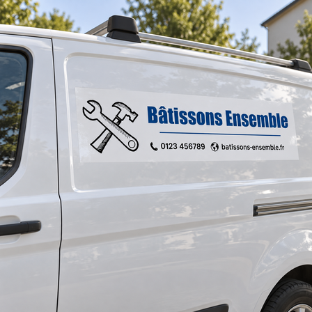 Autocollant en vinyle avec logo et coordonnées d'entreprise sur le flanc d'une camionnette blanche