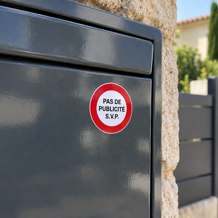 Autocollant stop pub rond « Pas de publicité S.V.P. » collé sur une boîte aux lettres grise